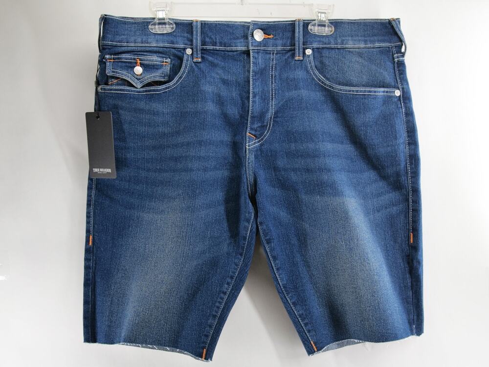 True Religion NWT Men's 38 12" Blue Denim Ricky Relaxed Straight Raw Hem Shorts